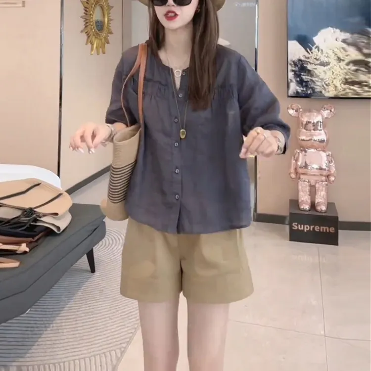 网红宽松洋气时尚套装女装夏季新款甜美短袖衬衫休闲短裤子两件套