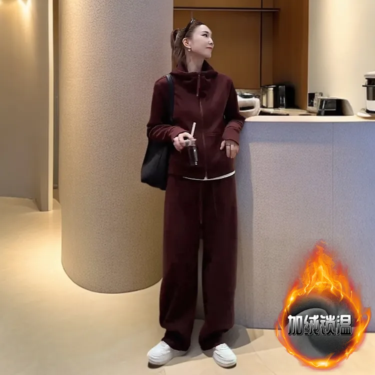 洋气减龄休闲套装女2025冬新款加绒加厚保暖连帽卫衣阔腿裤两件套