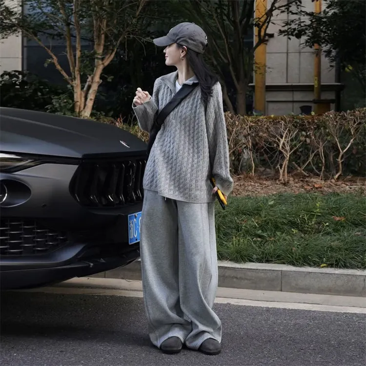 春季高级感灰色针织衫阔腿裤时尚套装女2025年显瘦百搭小众两件套