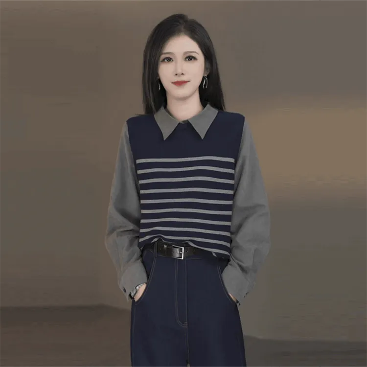 春季长袖假两件条纹上衣新款设计感韩版休闲针织女装时尚百搭衬衫