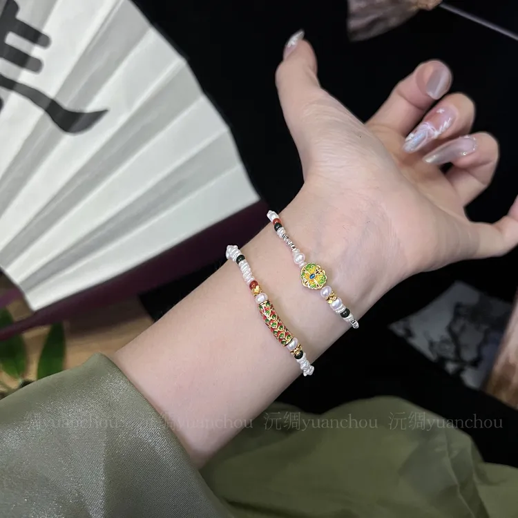 925银珐琅手链 原创【青蝶翼翩然】珐琅蝴蝶米珠碎银纯银编织手链