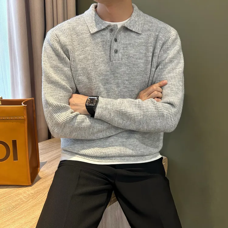 WUSHE物社男士秋冬慵懒风休闲套头针织衫韩版纯色长袖简约男毛衣