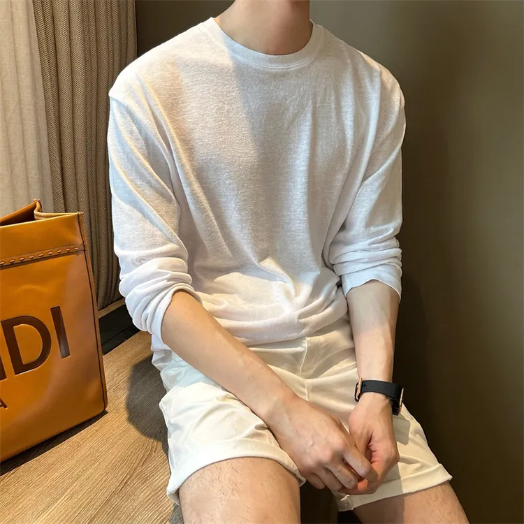 物社夏季时尚度假风宽松防晒黄色男士长袖简约圆领潮流打底衫上衣