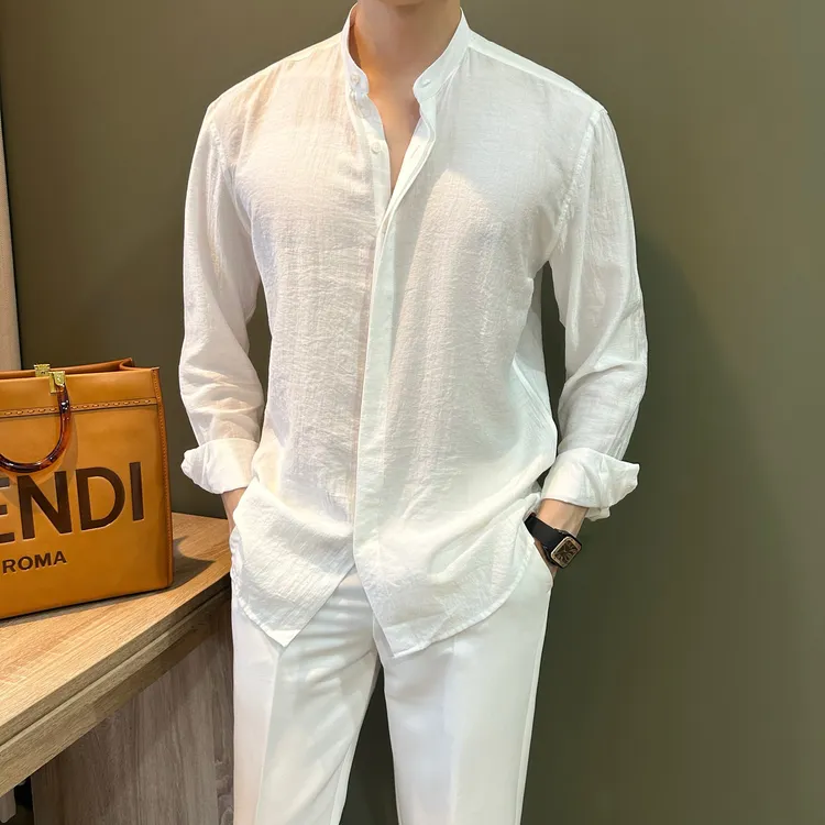 WUSHE物社韩版纯色休闲男士衬衫立领百搭长袖简约慵懒男衬衣