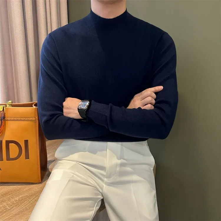 WUSHE物社【羊毛】男士纯色舒适针织衫套头保暖中领保暖打底毛衣男