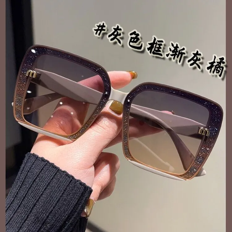 Sylvia2023新款方形镶闪光粉镜框高级感墨镜时尚网红潮太阳镜灰色