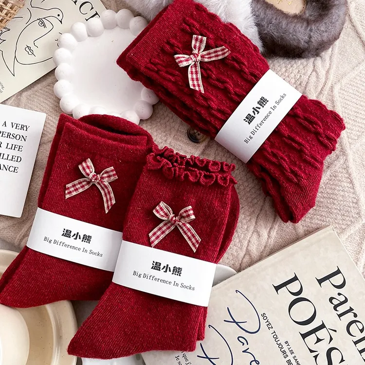 新年本命年安格拉红甜美格子蝴蝶结中筒袜马年过年木耳边酒红女袜