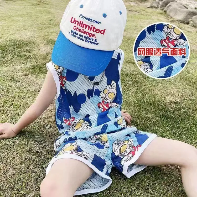 儿童薄款夏季透气无袖冰丝背心短裤套装小童夏款印花网眼两件套
