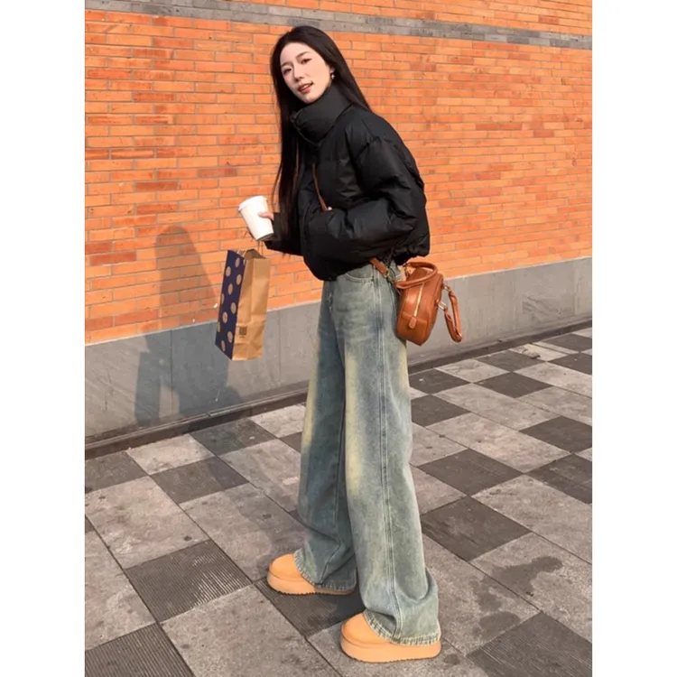 美式高街牛仔裤女秋季2024新款小个子设计感宽松直筒窄版阔腿裤子