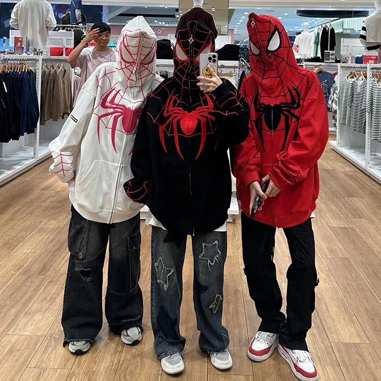 美式hiphop蜘蛛毛巾绣拉链开衫卫衣男高街情侣装春秋学生连帽外套