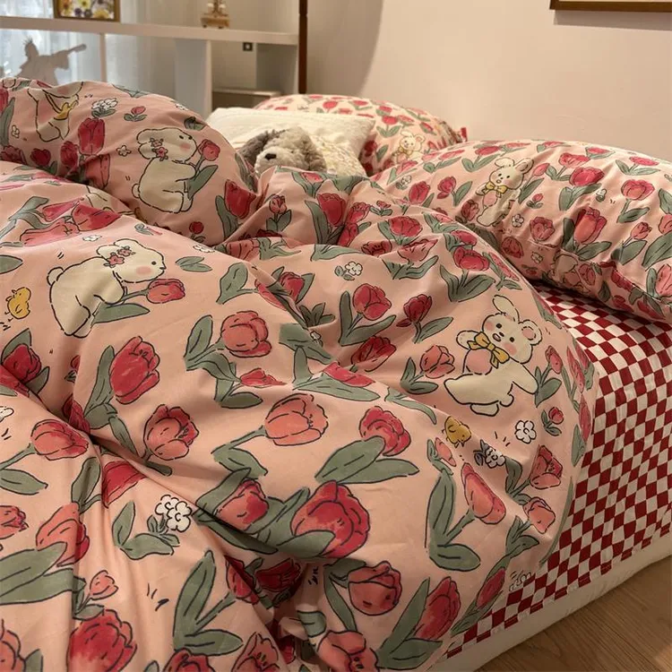 水星轻奢ins红色郁金香小兔床上四件套全棉纯棉1.5米被套床单