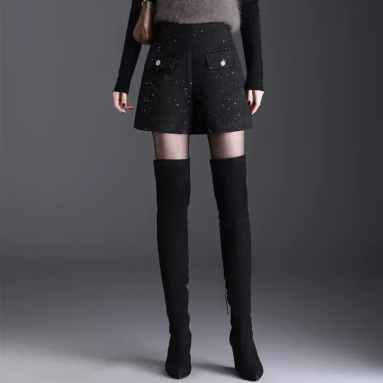 小香风亮片毛呢短裤女秋冬2025新款高腰显瘦外穿配靴子a字阔腿裤