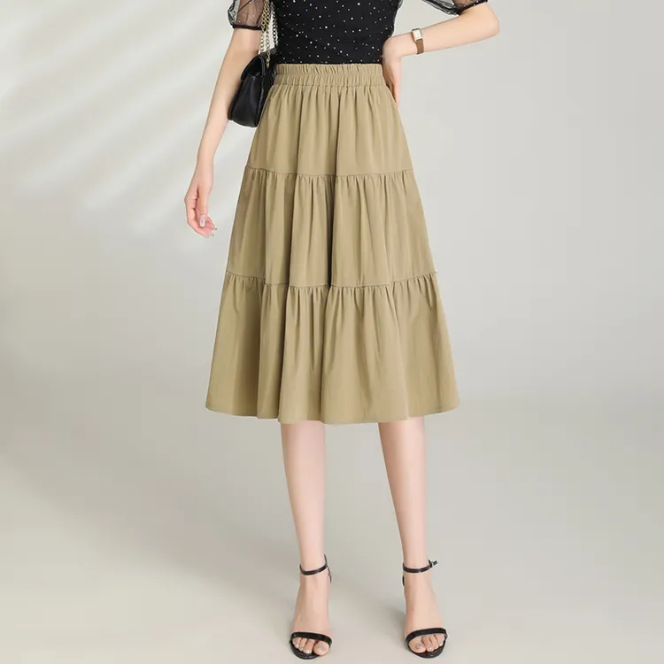 小个子休闲裙女夏季松紧腰半身裙2025新款显瘦遮肚a字裙中长伞裙
