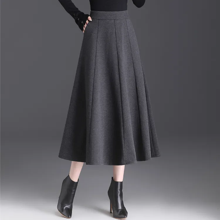 毛呢半身裙女秋冬高腰八片裙中长款A字裙大摆裙垂感厚款裙子