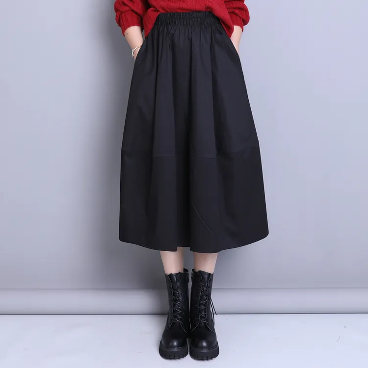 黑色灯笼裙女2025春秋新款高腰显瘦中长款遮胯休闲裙松紧腰半身裙