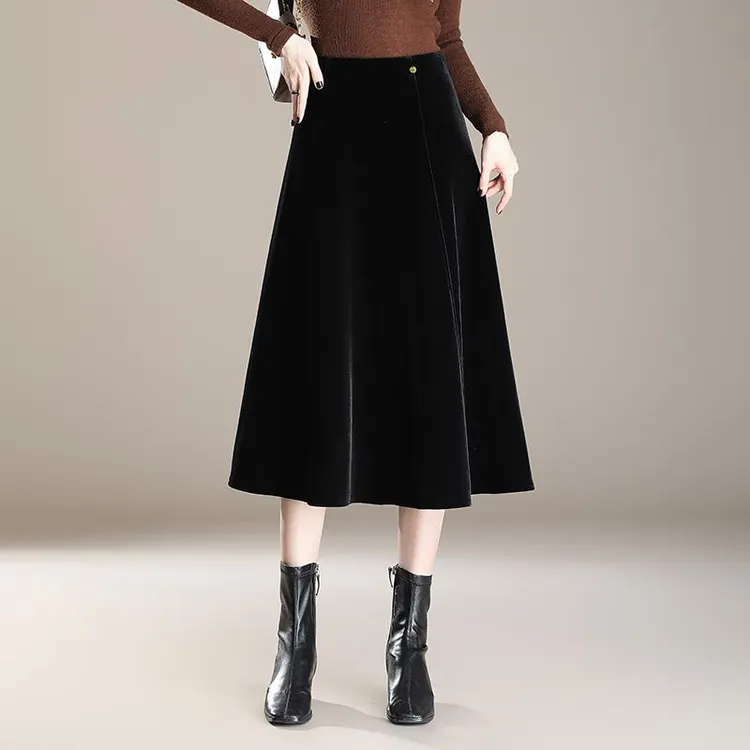 金丝绒a字裙半身裙女秋冬新款中长显瘦伞裙垂感百搭通勤短裙