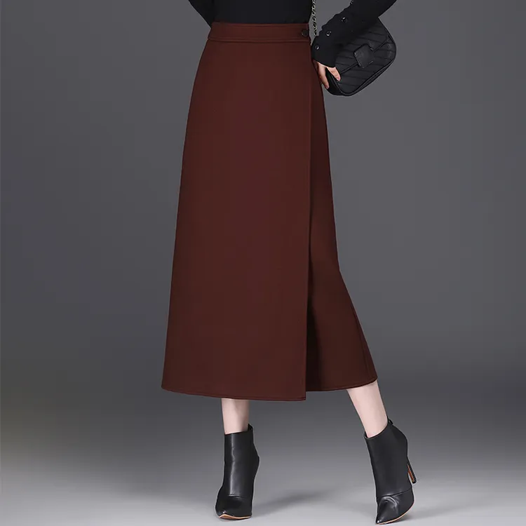 一片式毛呢长裙半身裙女秋冬新款气质高腰显瘦包臀裙子一步裙
