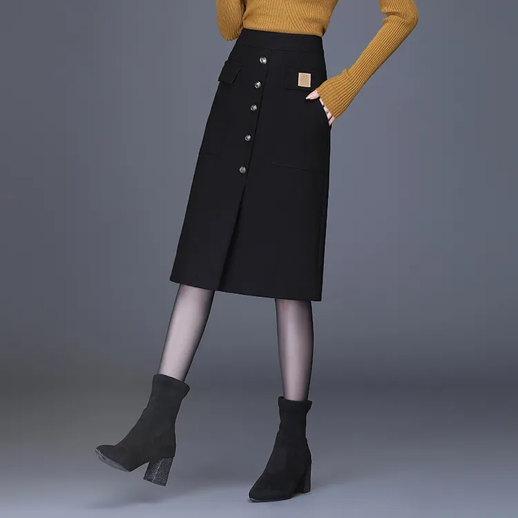 黑色毛呢半身裙女秋冬单排扣高腰包臀裙显瘦中长款a字裙一步裙子