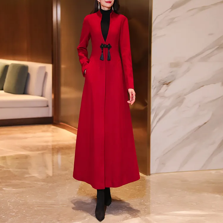 中国风红色羊毛大衣女长款2023秋冬修身收腰过膝中长款毛呢外套厚