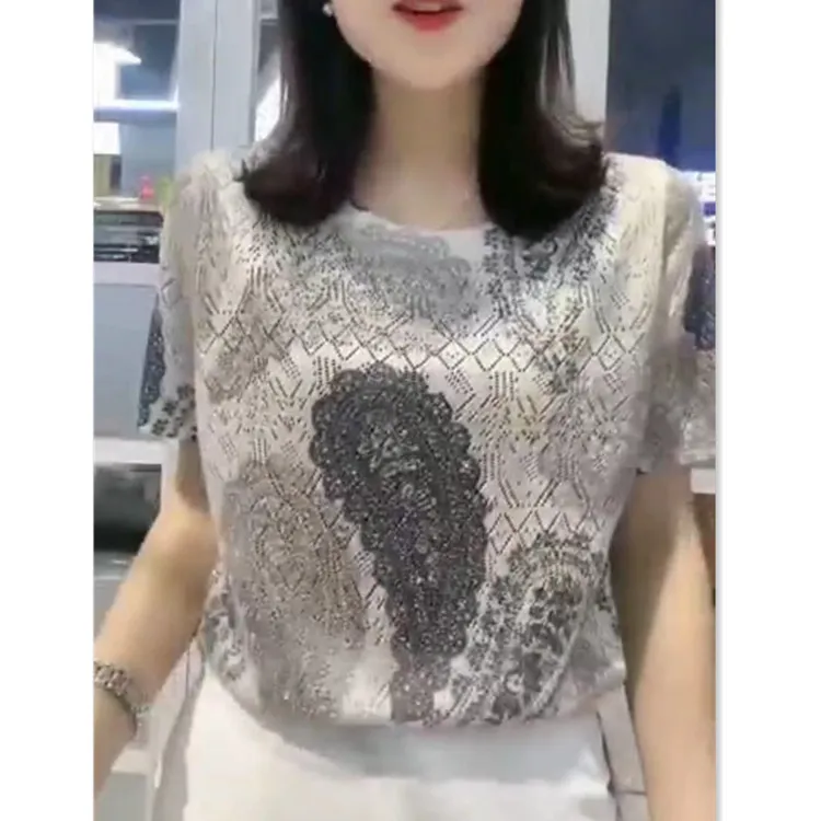 2023秋季新款短袖数码印花烫钻打底衫宽松显瘦女