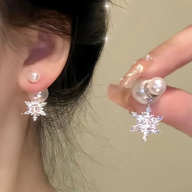 铜合金仿珍珠耳饰 氛围感满钻雪花珍珠耳环女轻奢高级感秋冬耳钉