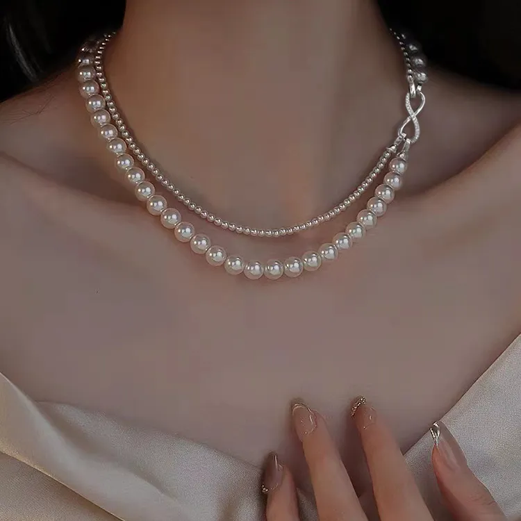 铜合金仿珍珠项链 可拆分双层8字扣珍珠项链叠戴锁骨链百搭高级感