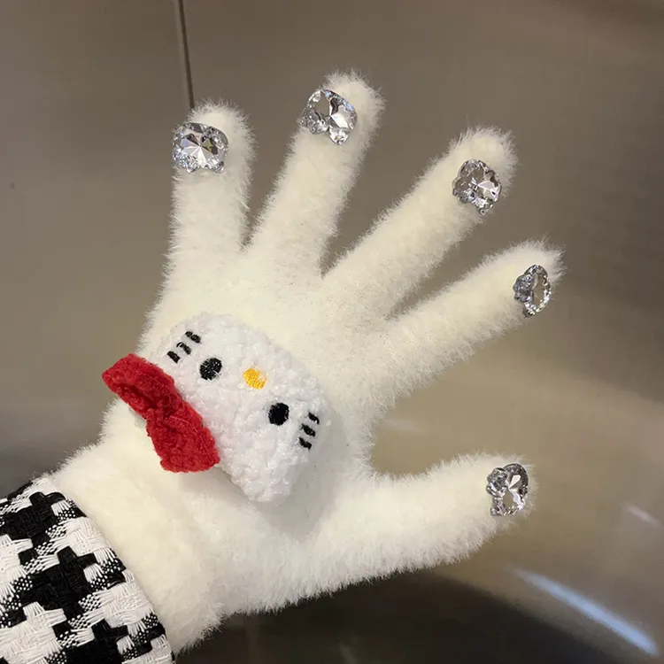 带钻原创猫手套冬季保暖水貂毛可爱骑行五指手套
