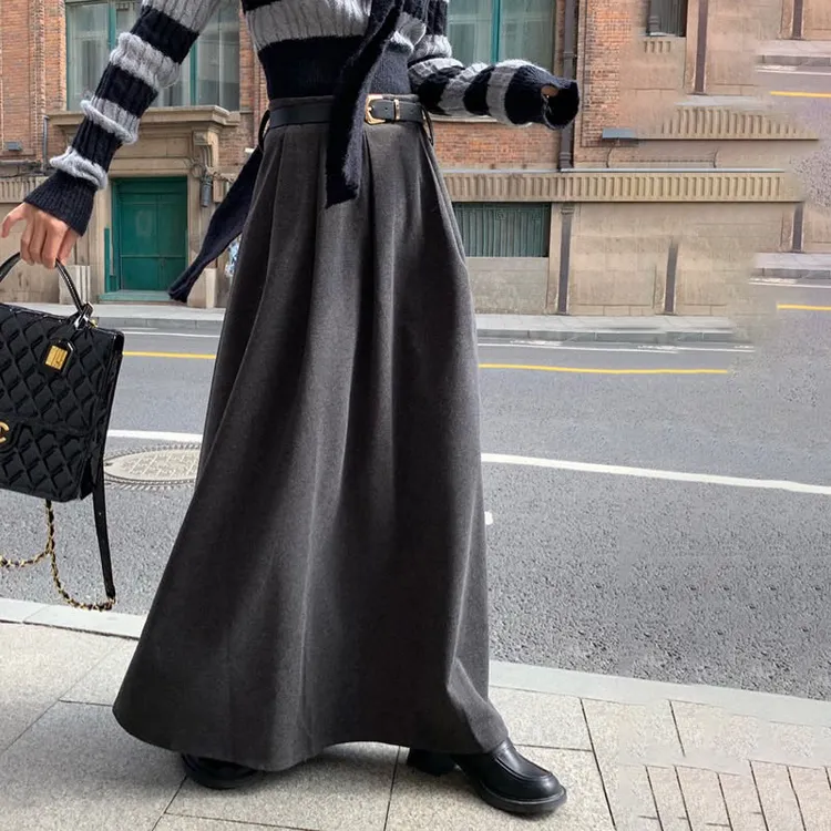 大码灰色毛呢半身裙女2023秋冬新款高腰黑色a字法式大摆长裙伞裙