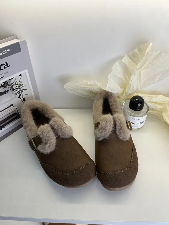 908冬季新款复古加绒保暖毛毛鞋平底舒适百搭一脚蹬豆豆鞋棉鞋女