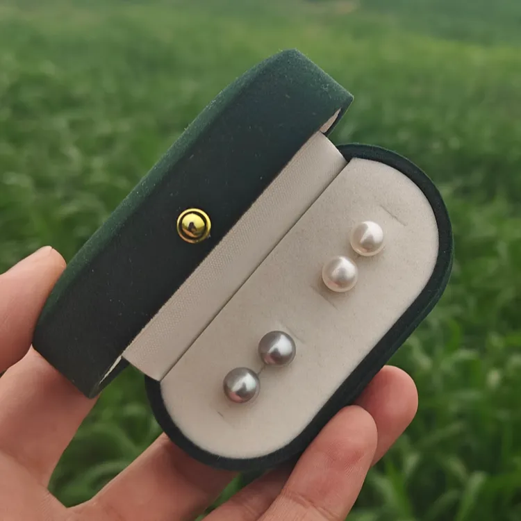 7-8mm（2对组合）天然淡水珍珠耳钉灰色真多麻白色馒头珍珠s925银针