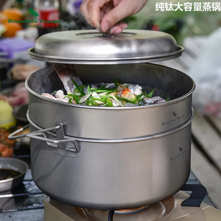 纯钛户外蒸锅露营汤锅野餐套锅野营炊具便捷大容量锅具轻量化煮锅