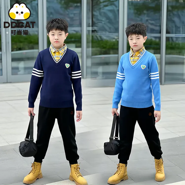 叮当猫儿童毛衣男童秋冬款假两件加绒加厚洋气大童宝宝男孩针织衫