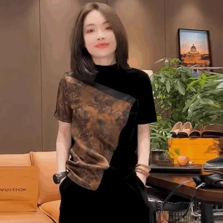 时尚潮牌短袖T恤女2025早秋款拼接打底衫高领黑色上衣女士短袖t恤