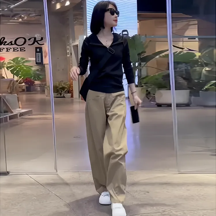 春秋休闲运动服套装2025新款简约连帽长袖连帽开衫阔腿裤两件套潮