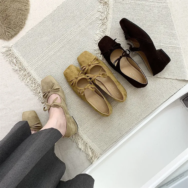 平底鞋黑色粗跟玛丽珍鞋女鞋子春秋绒面仙女风蝴蝶结软底气质百搭