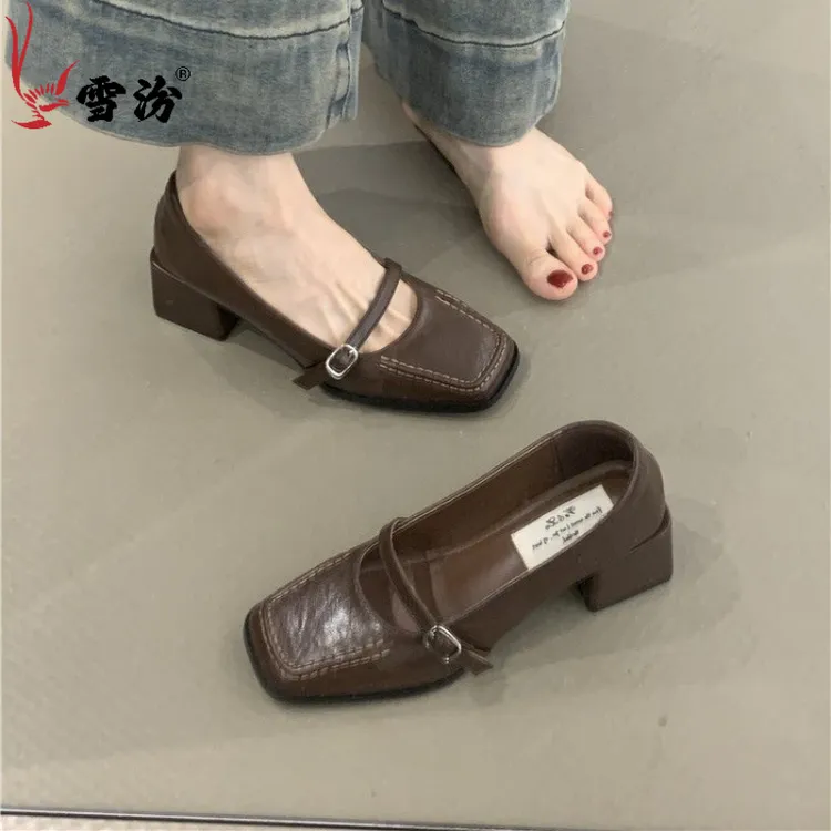 平底百搭复古玛丽珍鞋女秋季气质优雅英伦风法式中跟高跟女鞋