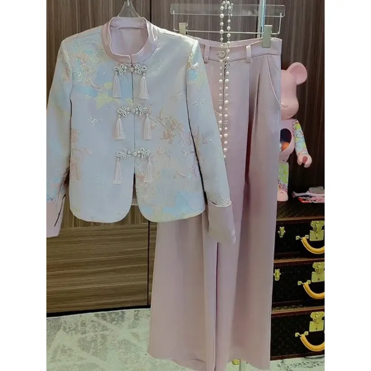 新中式国风唐装盘扣外套裤子两件套2024新款爆款早秋季穿搭高级感