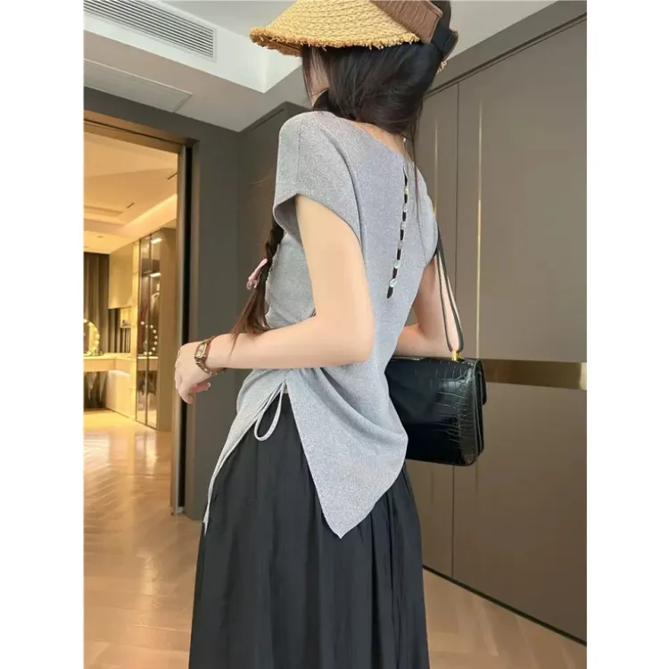 薄款后背镂空冰丝短袖衫女夏季不规则设计感修身T恤百搭无袖上衣