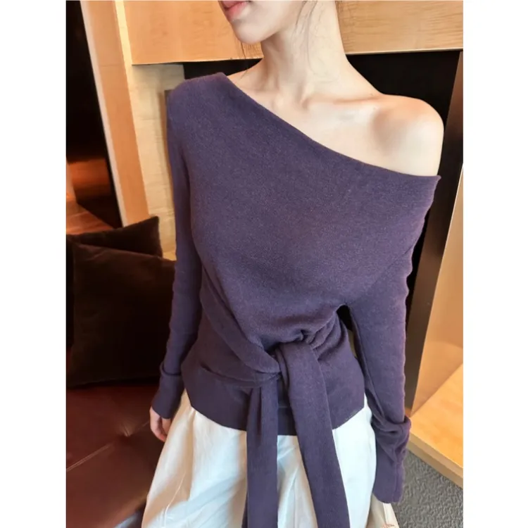 紫色氛围感斜领系带收腰针织衫女早春不规则修身别致显白绝美上衣
