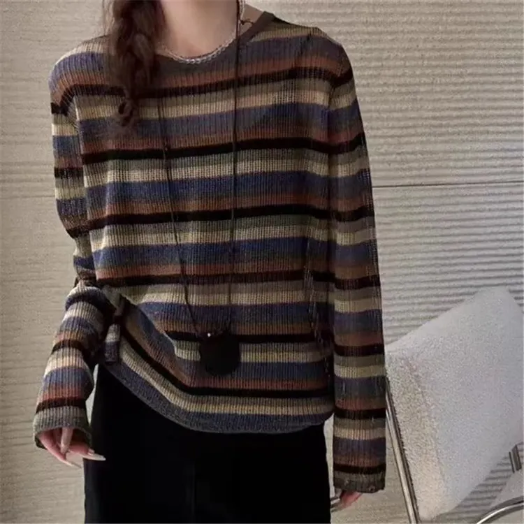 【女婿家】秋冬季上新时尚休闲条纹小众针织开衫宽松显瘦薄款上衣