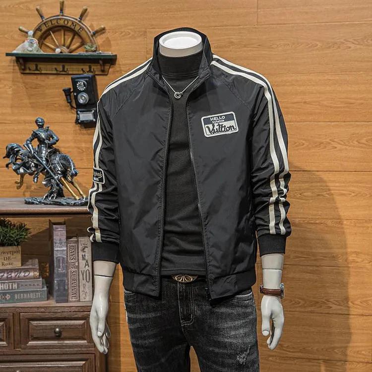 欧货条纹刺绣立领夹克外套男春秋款潮牌男装高端撞色休闲字母工装