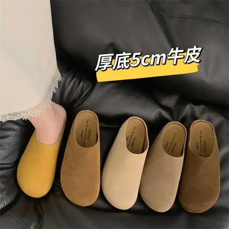 牛皮内增高5cm复古勃肯鞋女新款森系丑萌懒人一蹬包拖鞋女款百搭