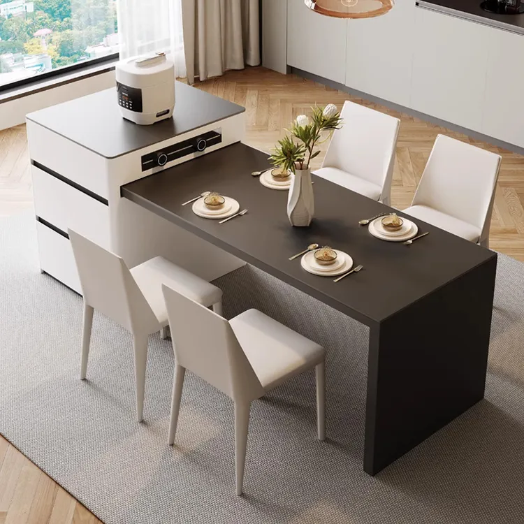 岛台餐桌可伸缩一体黑色现代简约极简轻奢岩板厨房岛台餐桌一体