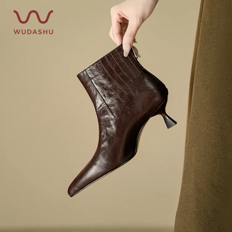 吴大叔手抓皮羊皮小裸靴时尚真皮细跟秋冬百搭尖头短靴女53-125