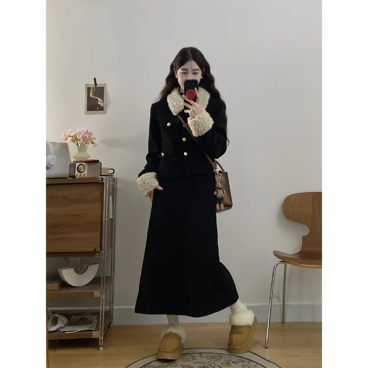 实拍～秋冬胖mm撞色毛料显瘦时髦高级感遮肚子外套半身裙夹棉套装