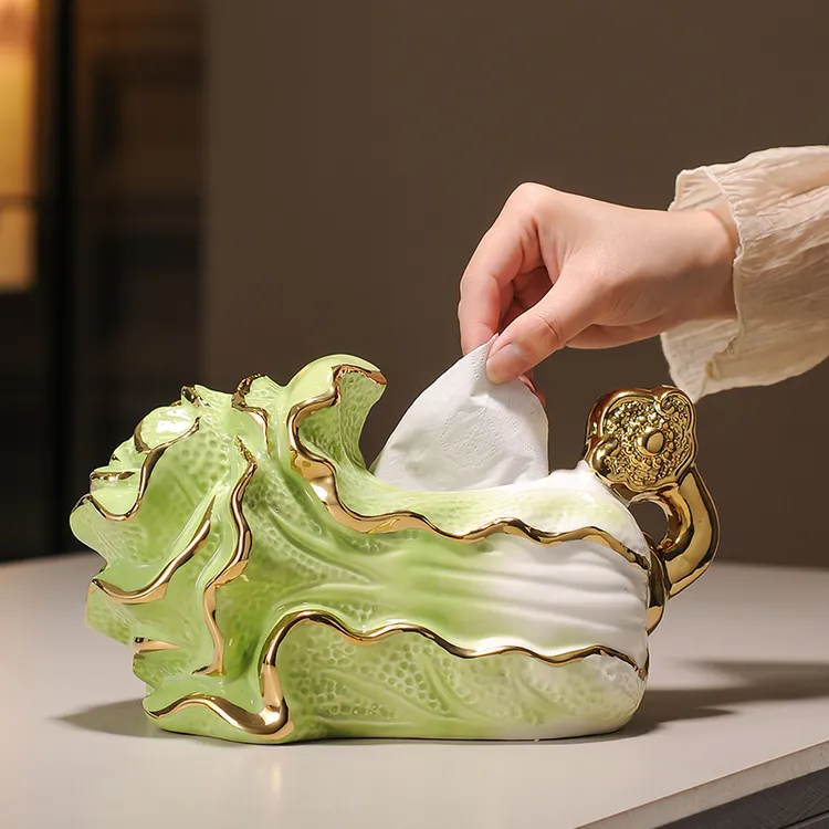 陶瓷白菜装饰品纸巾盒客厅桌面茶几创意抽纸盒收纳高档轻奢新中式