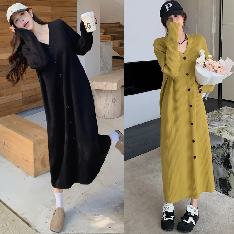 2025秋冬上新/慵懒风V领针织连衣裙女大码显瘦打底裙子
