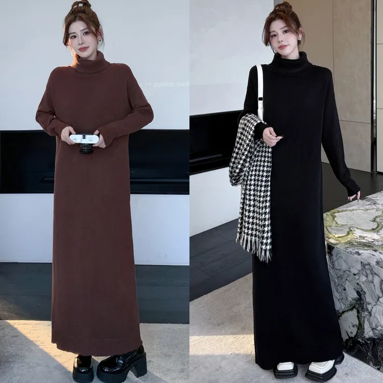 秋冬季新款高领长袖配大衣针织打底连衣裙长款纯色毛衣裙内搭裙子