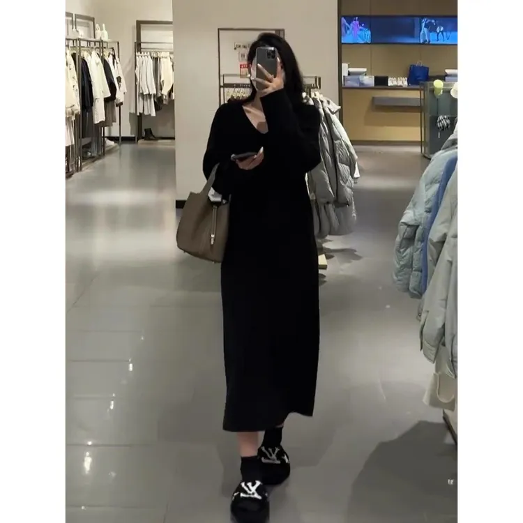 大码女装胖mm加厚内搭针织毛衣裙女秋冬显瘦百搭长款打底连衣裙女