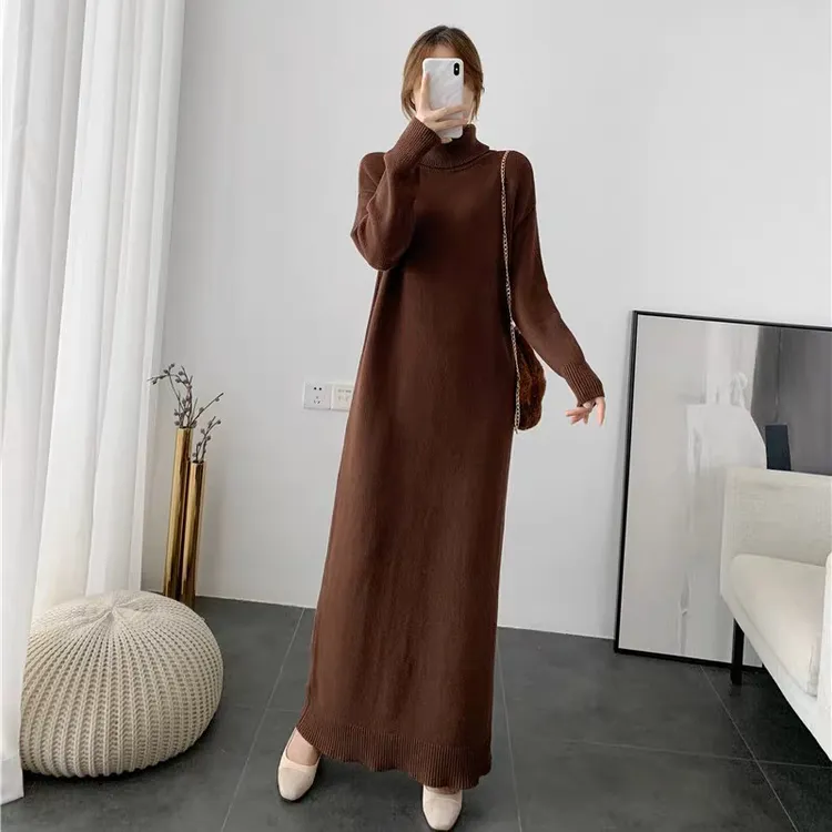 超长款高领针织连衣裙女加厚宽松内搭纯色打底到脚踝毛衣裙长裙